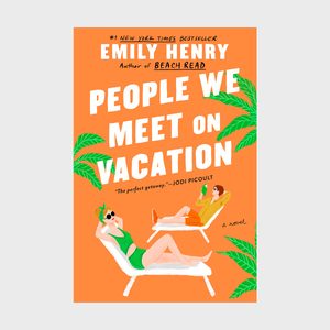 Two people relax on lounge chairs, set against an orange background with green leaves and text promoting a book titled 