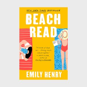 Two people read on striped towels, one writing, another holding a book, against a bright yellow background. Text: 