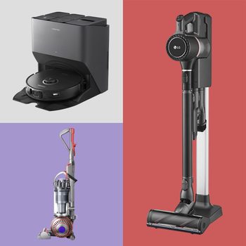 Three vacuum cleaners are displayed: a robot vacuum in a docking station, an upright vacuum with a ball design, and a stick vacuum upright.