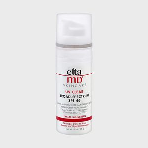 A cylindrical bottle dispenses EltaMD UV Clear Broad-Spectrum SPF 46 sunscreen, designed for acne-prone skin, emphasizing UVA/UVB protection and niacinamide.