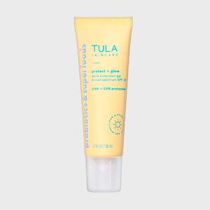 A tube of Tula Skincare sunscreen gel offering SPF 30 protection, standing upright against a plain background.