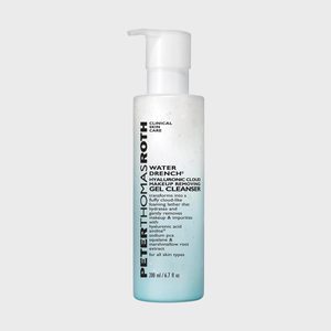 A gel cleanser bottle with a pump dispenses product; white and blue color scheme; labeled 