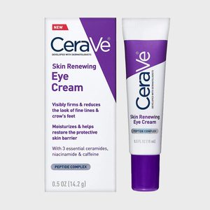 Eye cream tube and box are displayed upright; packaging highlights benefits such as firming, reducing fine lines, and moisturizing.