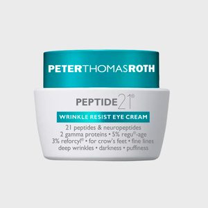 A jar contains Peptide 21 Wrinkle Resist Eye Cream, emphasizing skin treatment for wrinkles and puffiness. The lid features the brand name, Peter Thomas Roth.
