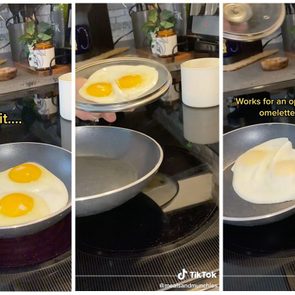Eggs cook in pan, transferred to a plate, suggesting alternative for an open-faced omelette. Kitchen setting with countertop accessories. Text includes 