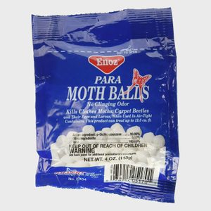 Bag containing moth balls; labeled 