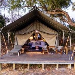 Tent shelters a cozy lounge area, surrounded by trees, set on a wooden platform with chairs and tables.