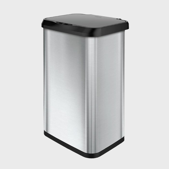 Rectangular silver trash can with a closed black lid, standing on a plain, light gray background.