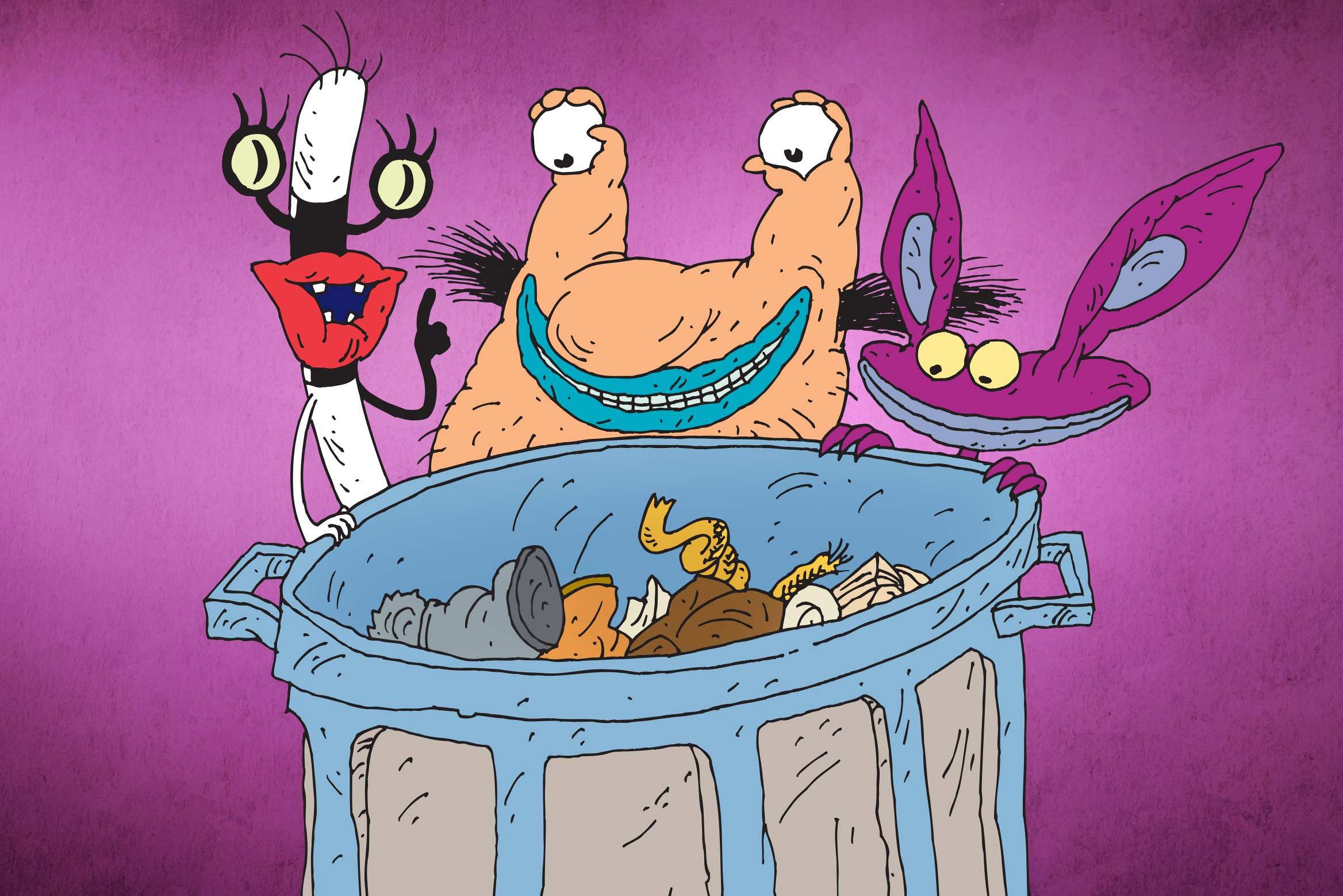 Monsters peering curiously into a trash bin filled with garbage; the background is a solid purple, creating a playful, cartoonish setting.