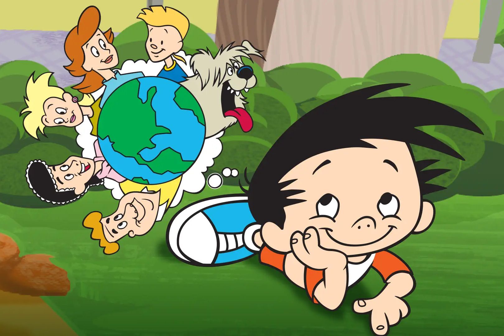 A cartoon boy lies on grass, daydreaming. Imagined figures and a globe surround his head as thought bubbles.