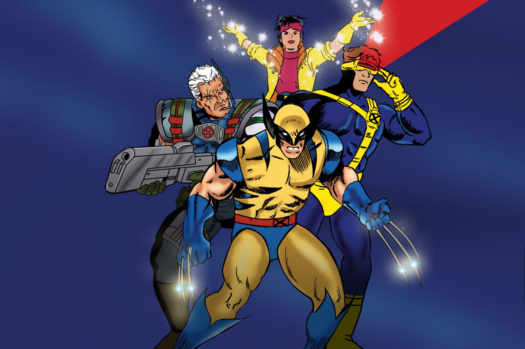 Four superheroes pose in action, wielding powers and weapons, against a dark blue background. Bright lights and dynamic stances emphasize their readiness.