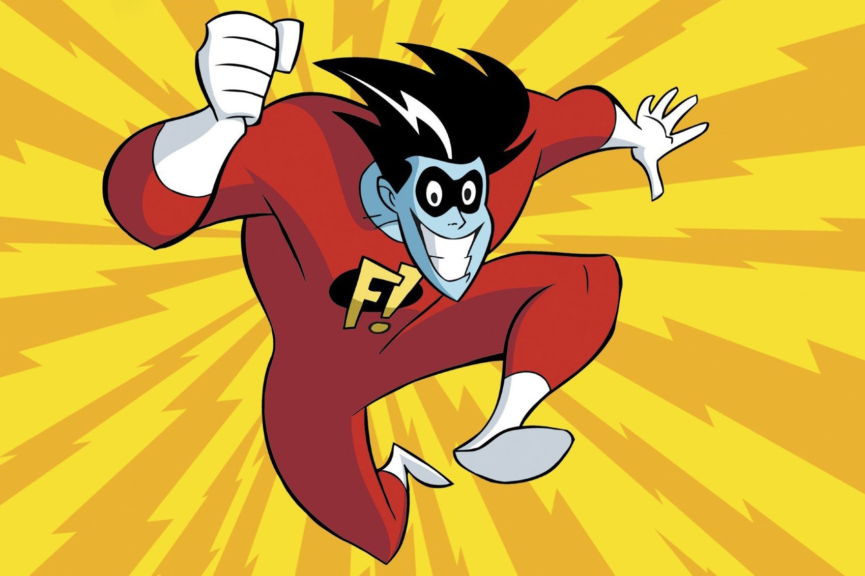 A superhero with blue skin leaps energetically, wearing a red suit with "F!" on the chest, set against a vibrant yellow burst background.