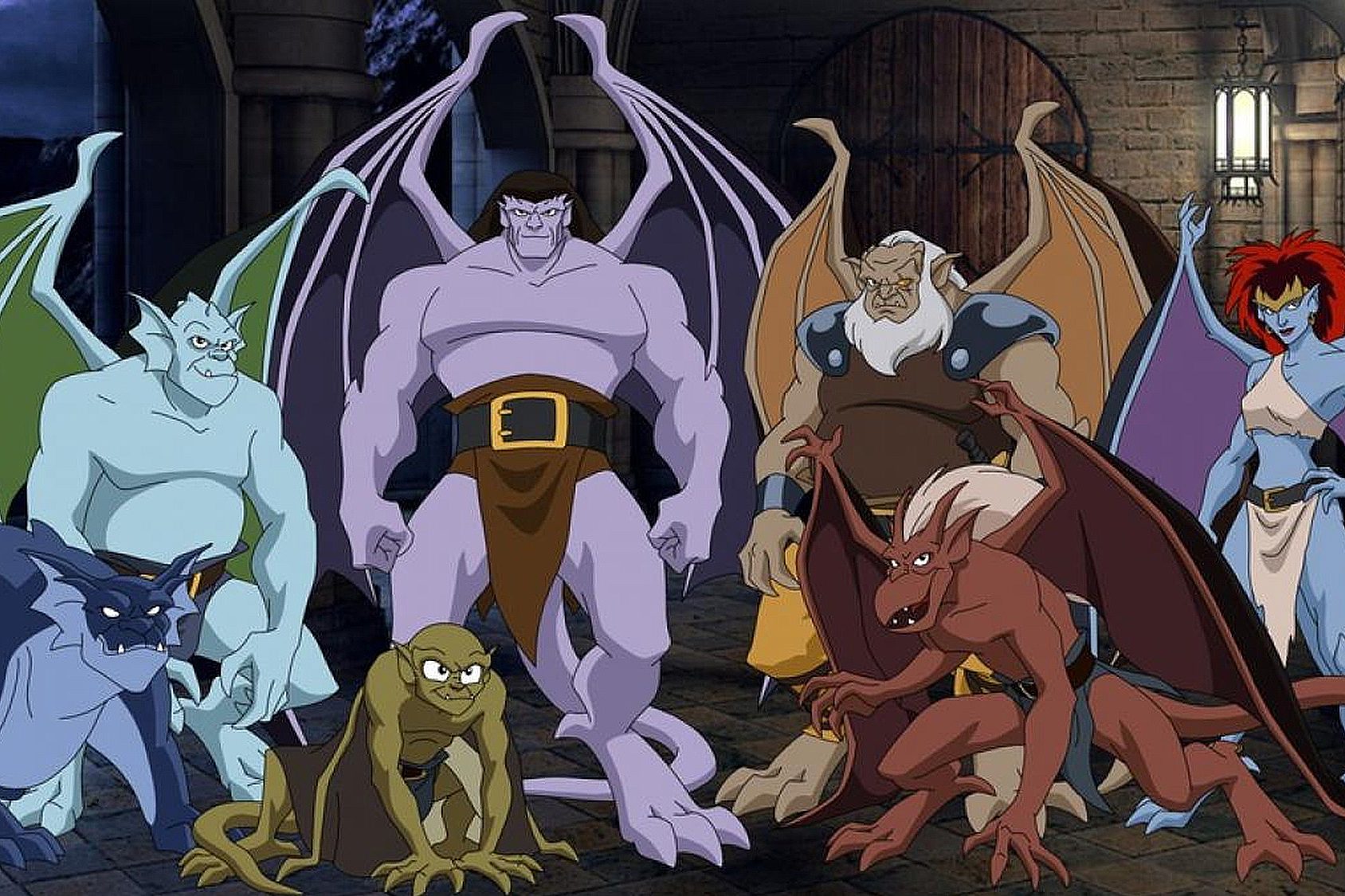 Gargoyle creatures stand posed, showcasing wings and fierce expressions, within a medieval stone castle setting.