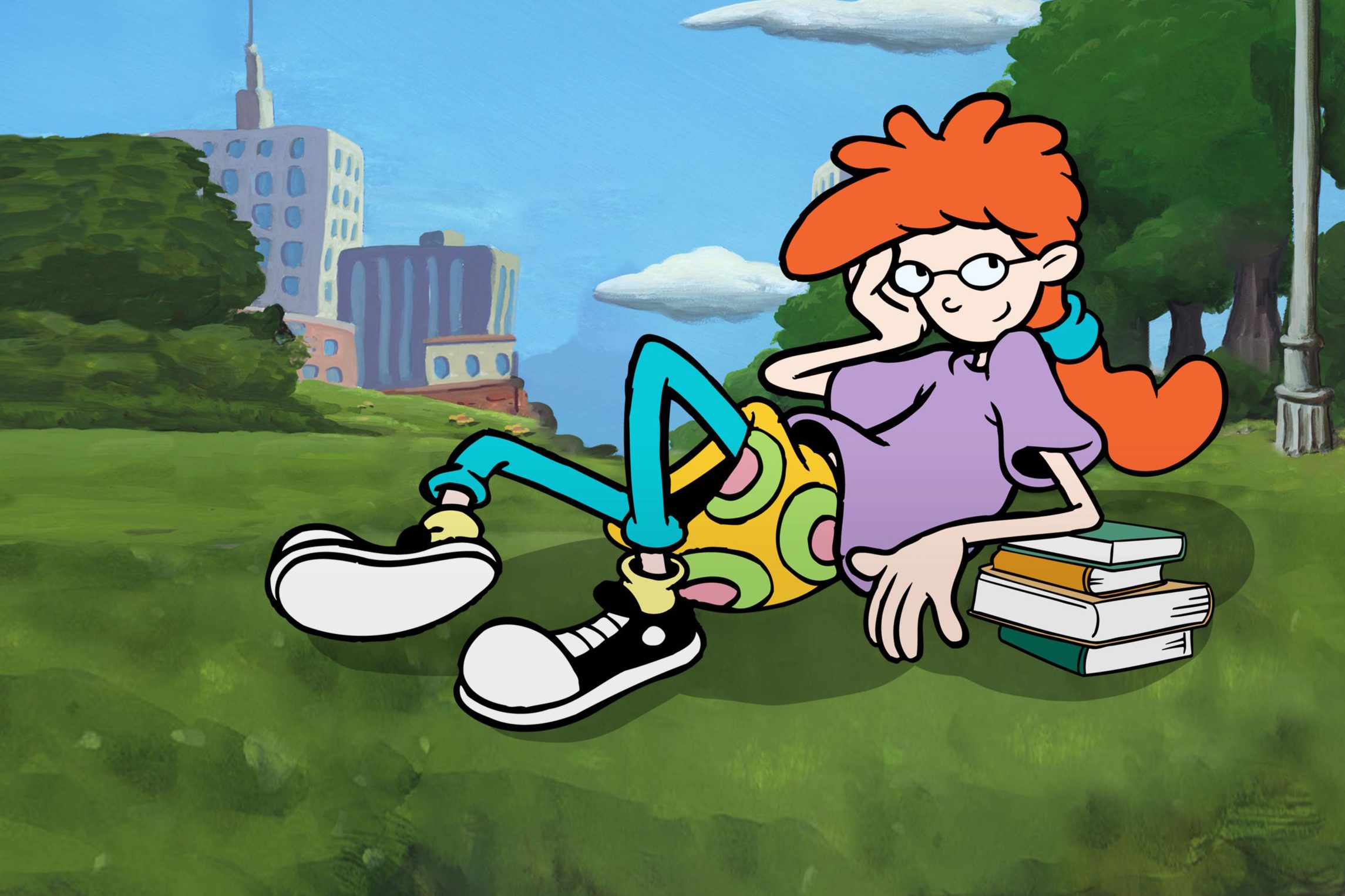 A cartoon character relaxes on grass beside stacked books, with urban buildings and lush trees in the background under a blue sky.