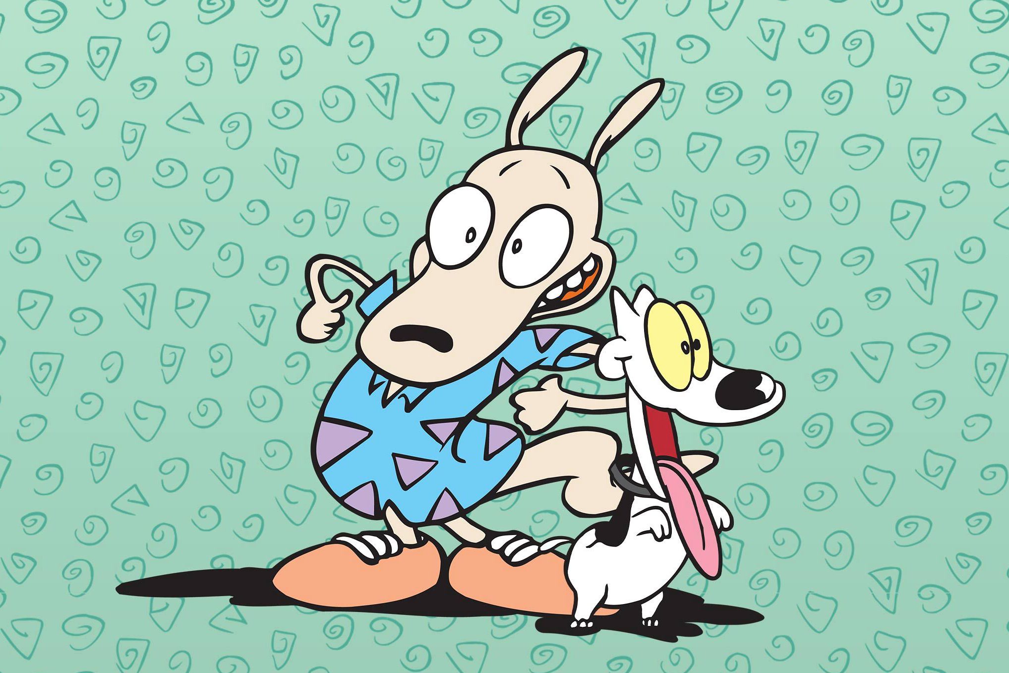 Cartoon character points left, accompanied by happy dog with large eyes, in light green patterned background.