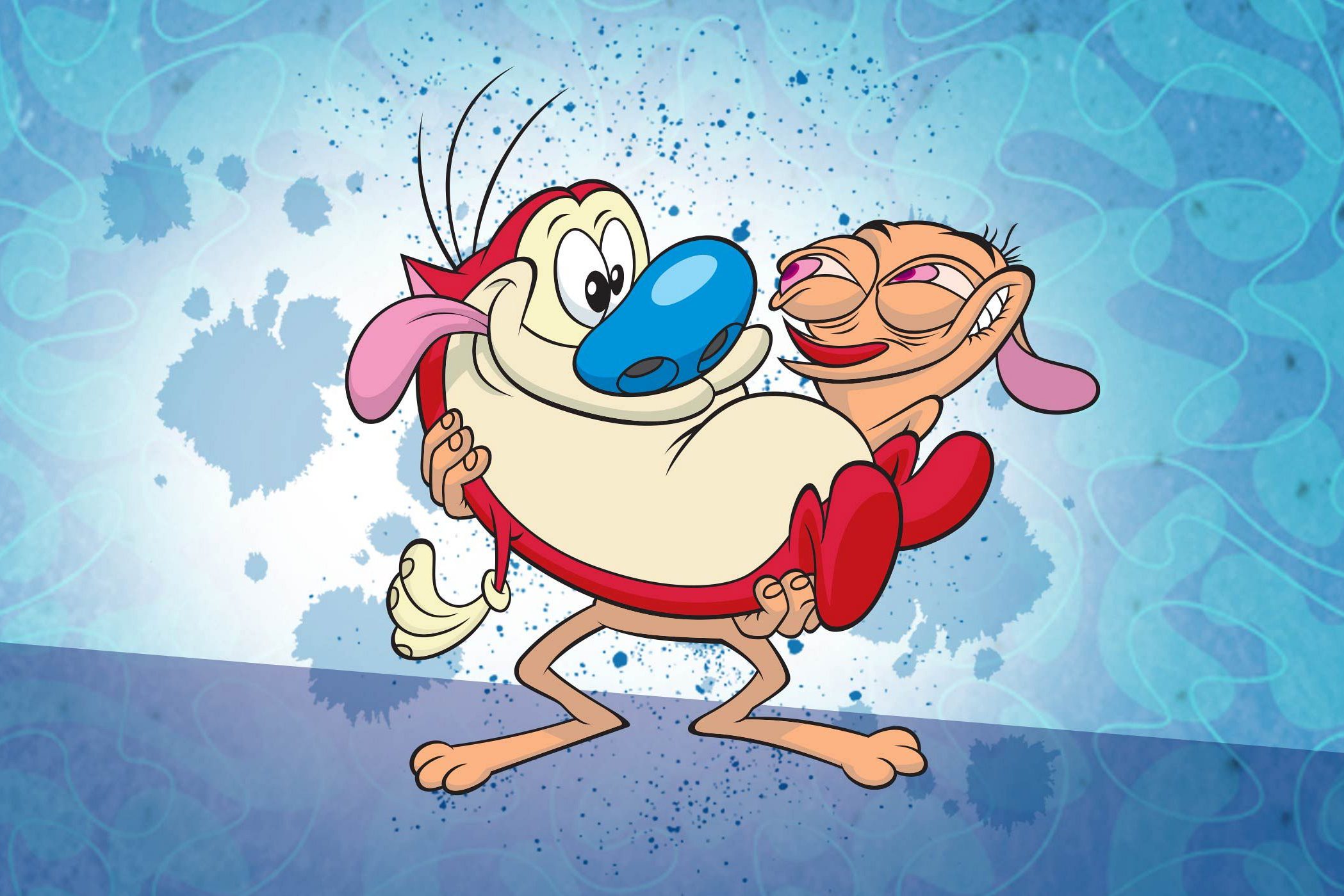 Cartoon characters hug joyfully, standing on a blue, abstract background with splashes and swirls.