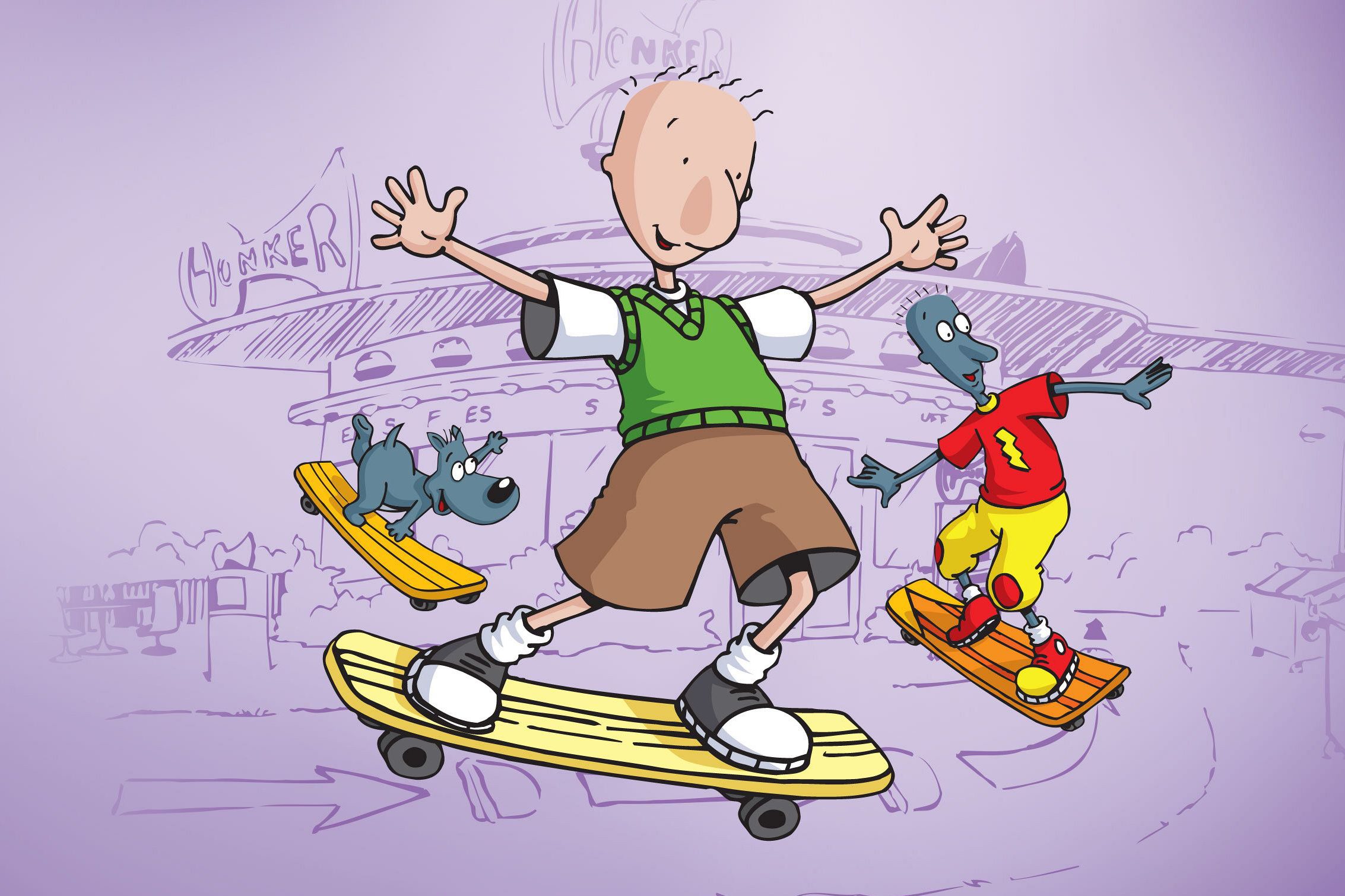 Characters skateboarding excitedly in front of a diner named Honker, with a dog on a skateboard alongside them, against a purple background.