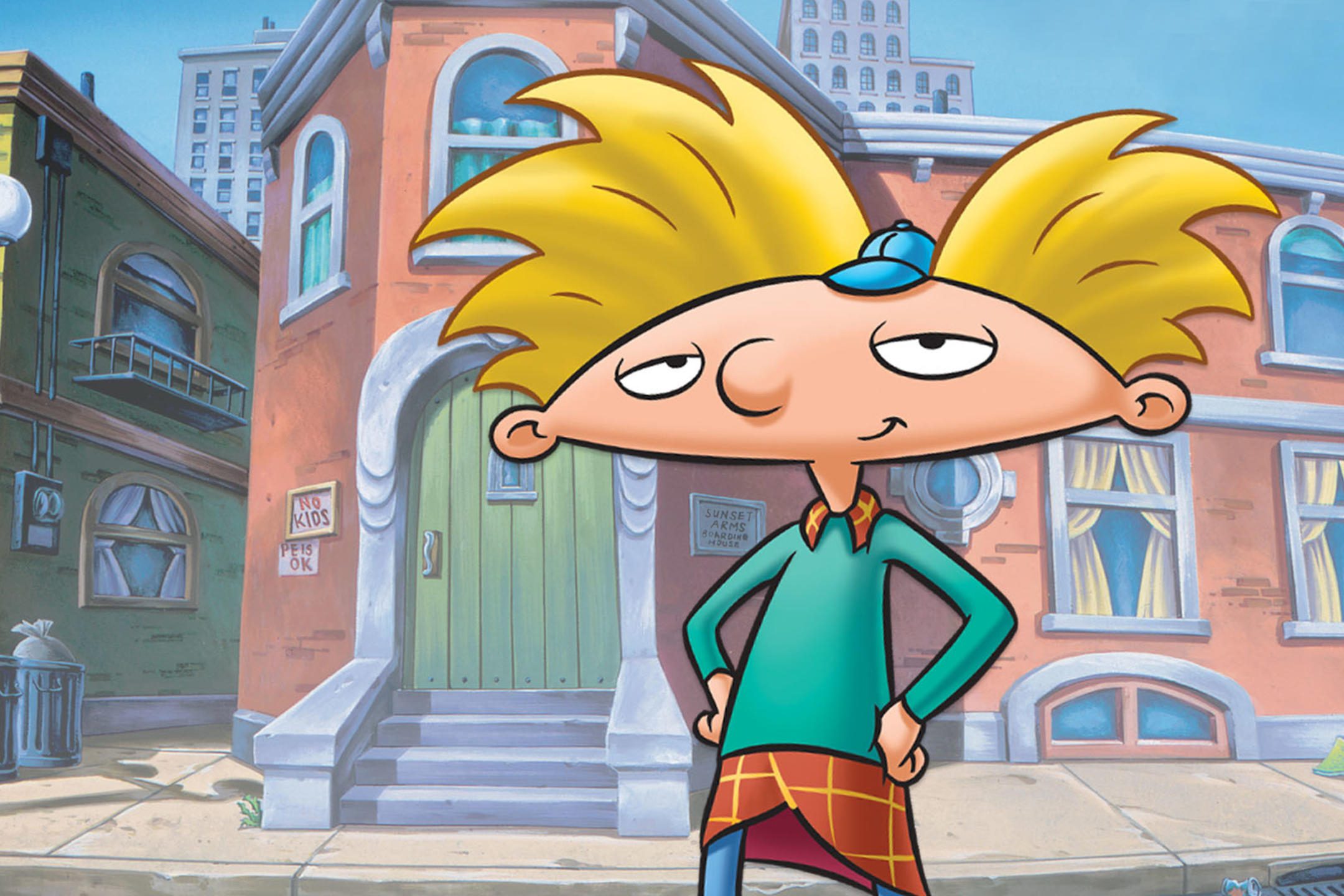 A cartoon boy stands confidently with hands on hips in front of colorful urban buildings. Signs read "NO KIDS, PETS OK" and "SUNSET ARMS BOARDING HOUSE."