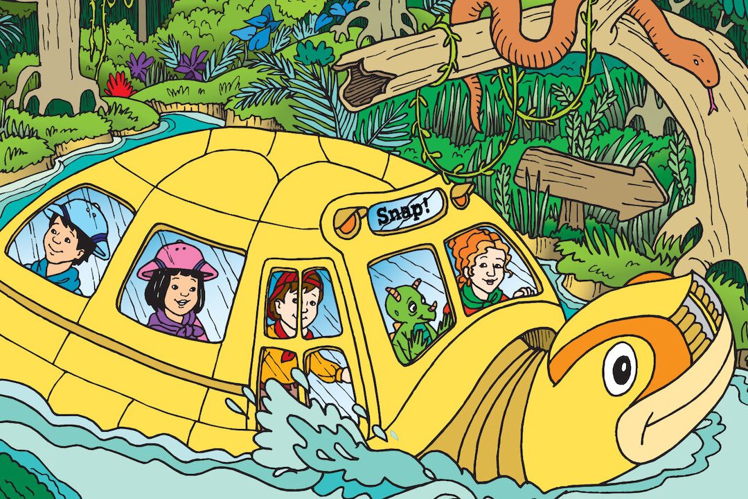 Submarine shaped like a fish cruises through a jungle river; contains diverse animals and people inside observing surroundings. Sign reads "Snap!"