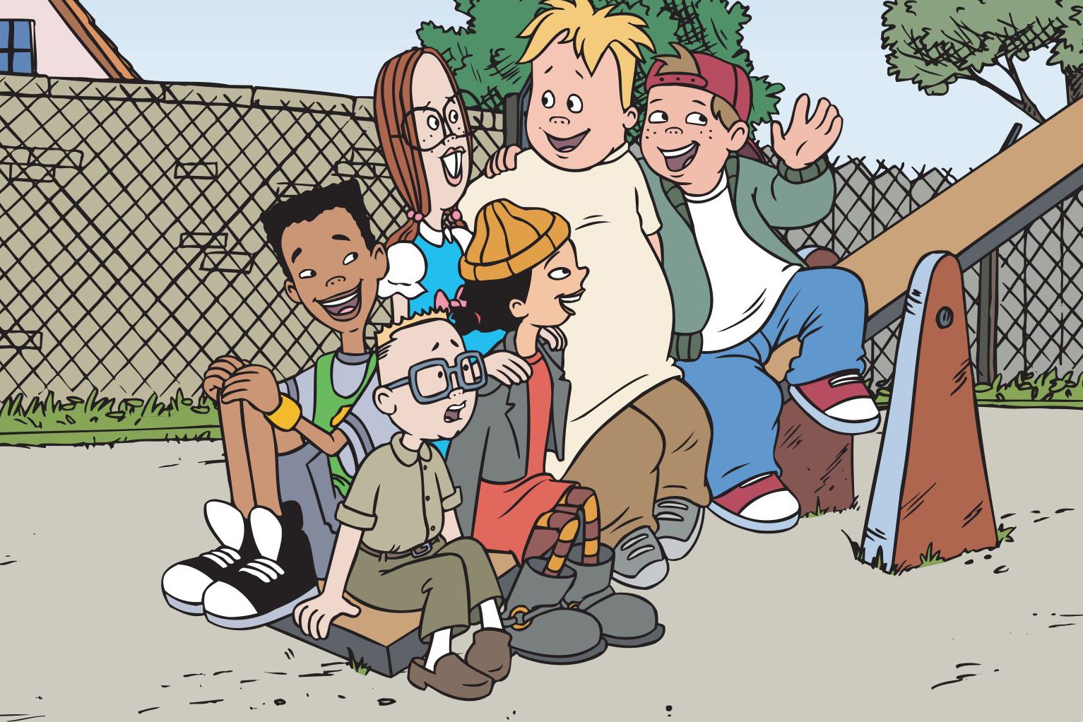 Six animated children sit together on a seesaw, smiling in a playground with a chain-link fence and trees in the background.