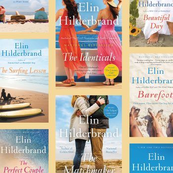 Book covers display beach scenes and people relaxing, with titles by Elin Hilderbrand, including "The Identicals," "Beautiful Day," "Barefoot," and more.