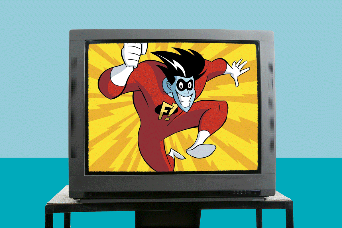 Cartoon superhero jumps energetically on a yellow background displayed on a vintage television, set against a blue wall.