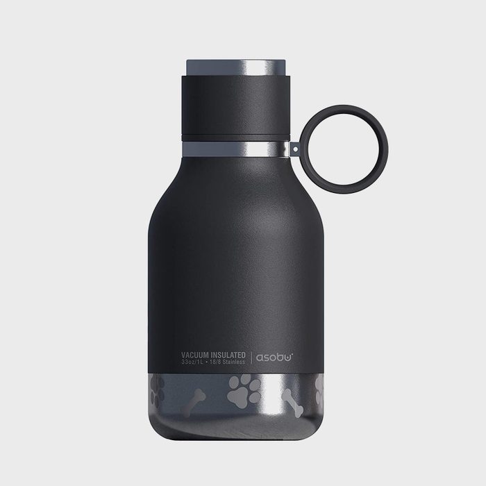 A black insulated bottle with paw prints, featuring a loop handle, sits against a plain white background. Text: 