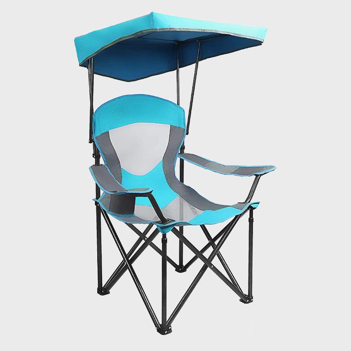 Chair with attached canopy stands upright, featuring blue and gray fabric, designed for outdoor use against a plain white background.