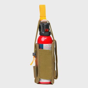 Red spray can secured in a tan holster with a yellow strap, on a plain gray background.