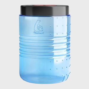 A blue cylindrical container stands upright, with a black lid and 