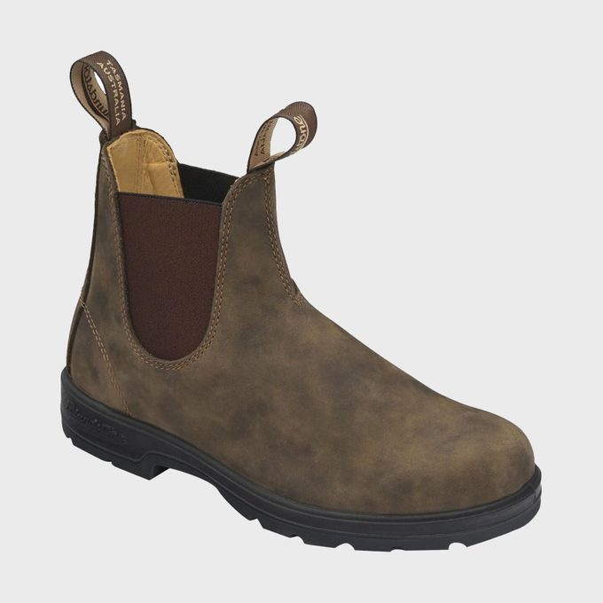 Brown leather boot with elastic side panel, pull tabs, and sturdy black rubber sole, presented against a plain white background.