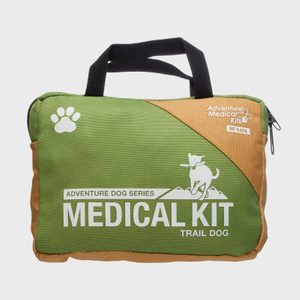 A green and orange medical kit bag with dog design, labeled 