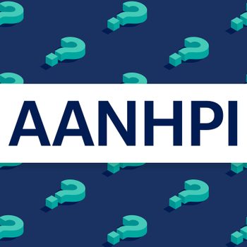 Text "AANHPI" is centered on a white rectangle. Surrounding it are teal question marks on a dark blue background.
