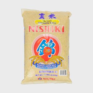 Bag of Nishiki brand premium brown rice displaying colorful logo and text, emphasizing medium grain rice, weight 15 lbs (6.8 kg).