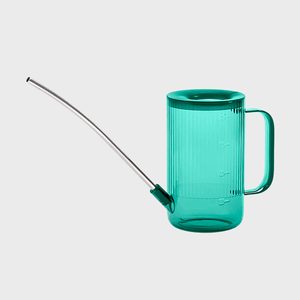 A transparent teal watering can with a long metal spout sits against a plain background, marked with measurement lines.