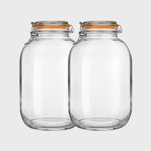 Two clear glass jars stand side by side, with metal clamp lids and orange rubber sealing bands, on a plain gray background.