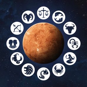 Planet surrounded by zodiac symbols, floating in space with a starry background.