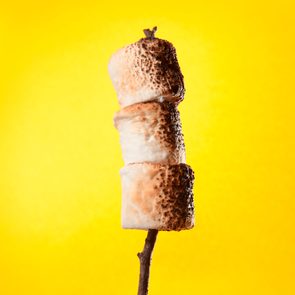 Toasted marshmallows on a stick are stacked vertically with a bright yellow background.