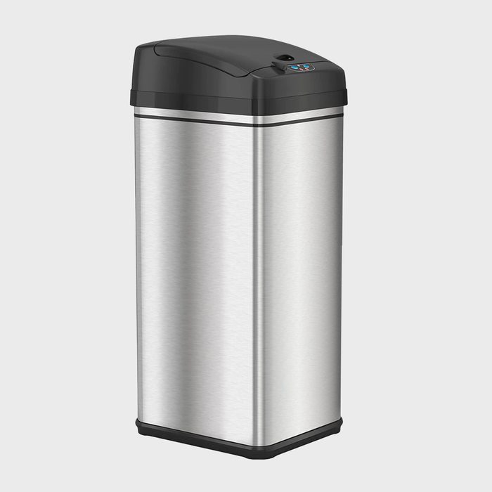 A stainless steel trash can with a black lid stands upright against a plain white background.