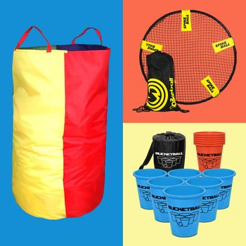 Large striped sack stands upright; round net with black bag lies nearby; blue and orange buckets are stacked, all set against colorful backdrops.