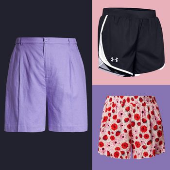 Three pairs of shorts displayed against colored backgrounds: purple pleated shorts, black athletic shorts with white trim, and pink floral-patterned shorts.