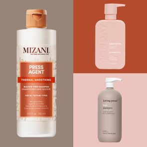 Three shampoo bottles positioned against contrasting backgrounds, each labeled with brand names and features like sulfate-free, smoothing, and anti-frizz; showcasing distinct packaging designs.