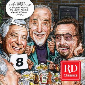 Three smiling men eat at a table. One holds a "8" card, indicating a score, with food and condiments around. Speech bubble says, "A priest, a minister, and a rabbi want to see who's best at his jobâ€¦"