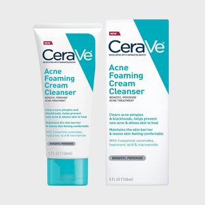 Tube and box display CeraVe Acne Foaming Cream Cleanser in a bright, clean setting. Descriptive text highlights benefits and key ingredients.