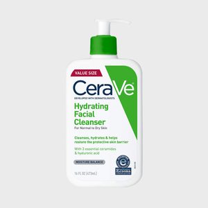 Plastic bottle with a pump dispenses CeraVe Hydrating Facial Cleanser, surrounded by green and white labeling. Contains essential ceramides and hyaluronic acid.