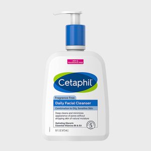 Bottle displays Cetaphil Daily Facial Cleanser with pump; labeled 
