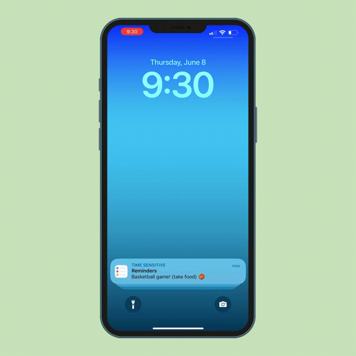 Smartphone screen displaying time and date, receives notification about a basketball game reminder with a blue gradient background.