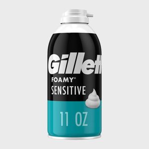 Shaving cream can displayed vertically against a plain background, featuring 