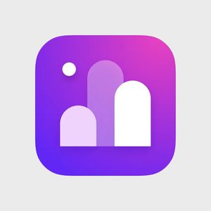 Rounded purple and pink icon displays three rising bars and a white dot, forming a modern abstract design on a gradient background.