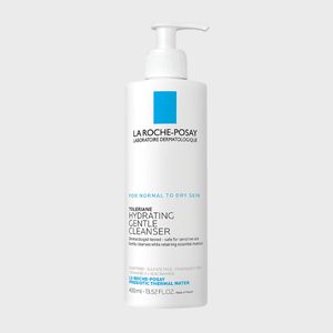 White bottle dispenses cleanser for normal to dry skin; labeled 
